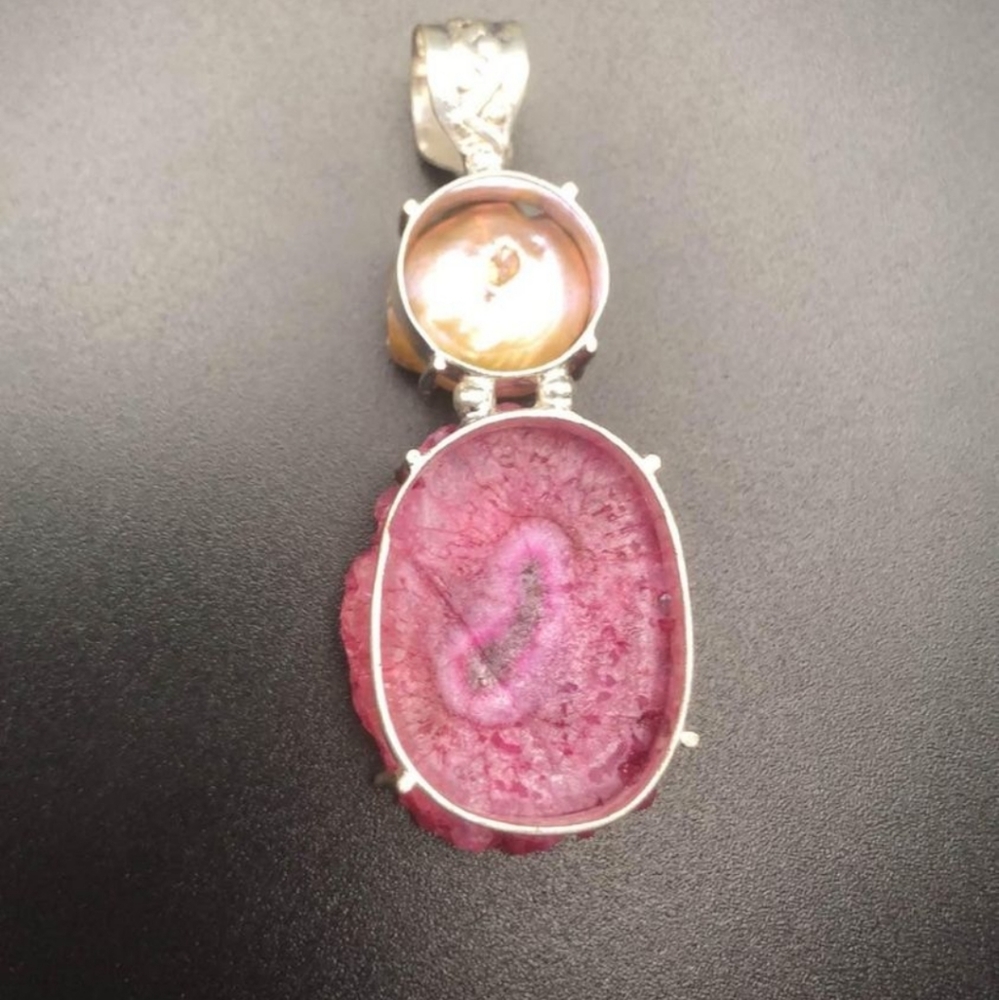 Natural Pink Solar Quartz and Pearl 925 hand crafted pendant 2 inches - Picture 2 of 4